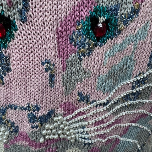 Nannell Vintage Beaded Pearl Leopard Cheetah Pink Unique Knit Sweater Medium - Picture 3 of 7